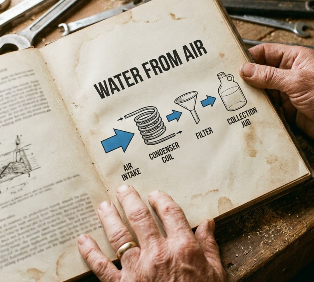 The guide's flow diagram: air intake, condenser coil, filter, collection jug