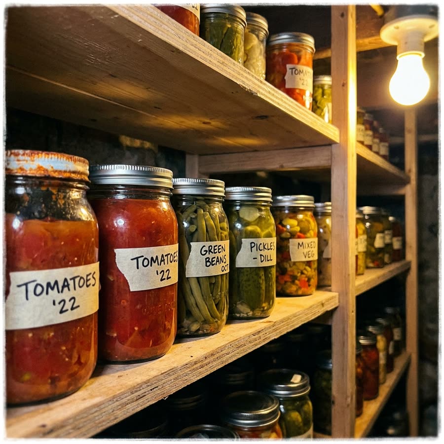 Rows of home-canned vegetables in glass jars