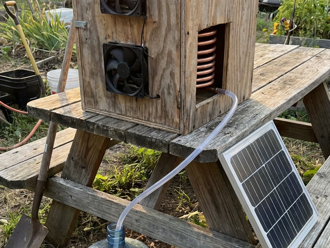 A homemade atmospheric water device on a backyard picnic table