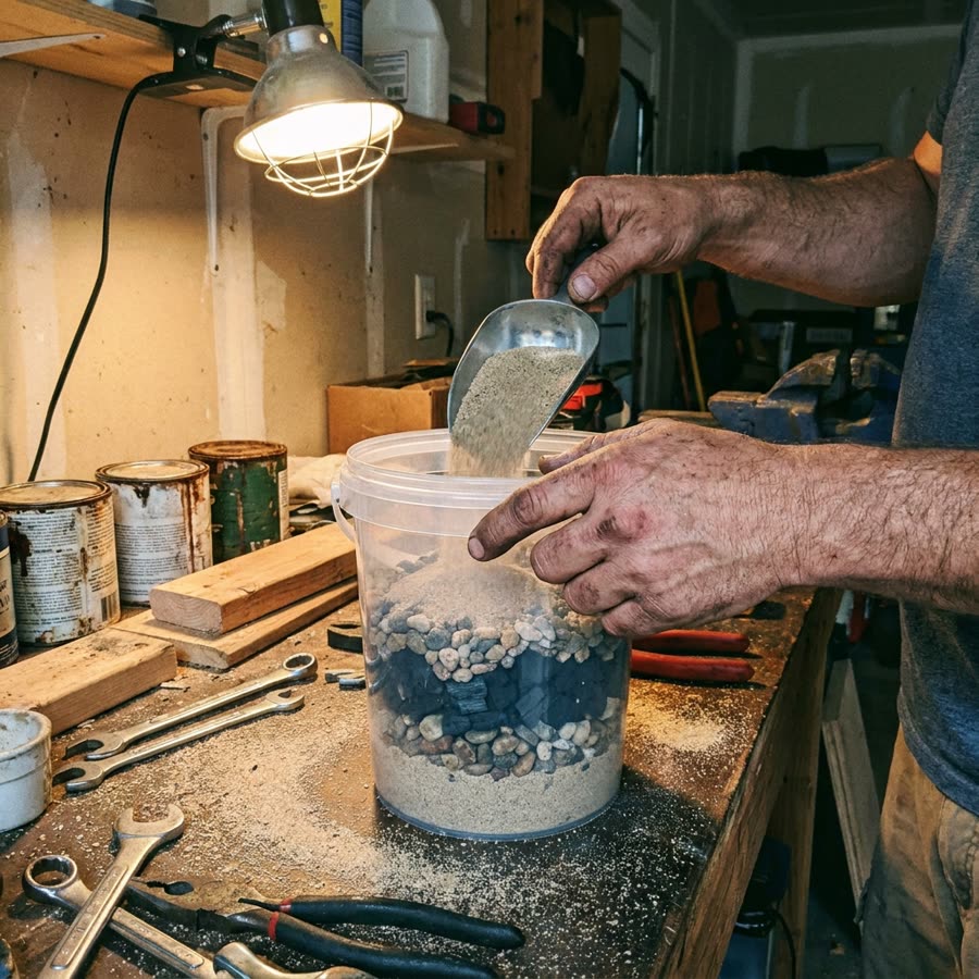 Hands assembling a layered gravity water filter
