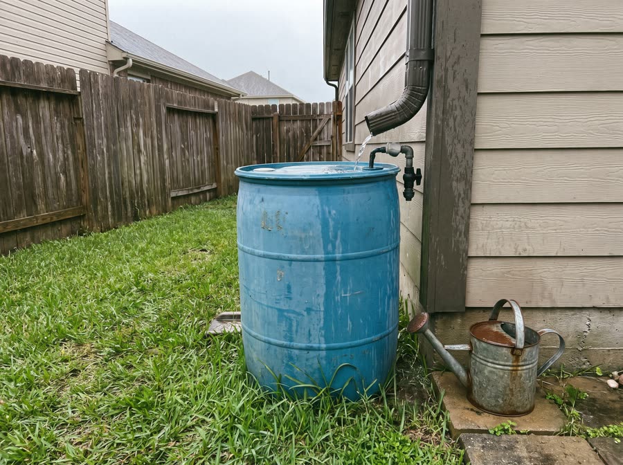 Rain barrel under a gutter downspout