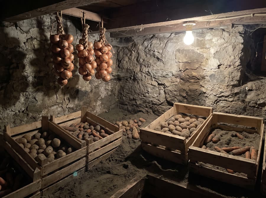 Crates of potatoes and carrots stored in a cool basement