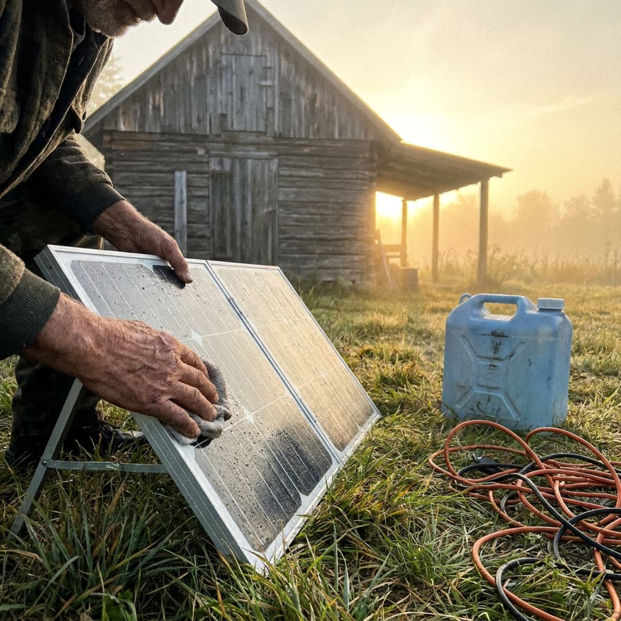 Small portable solar panel at sunrise