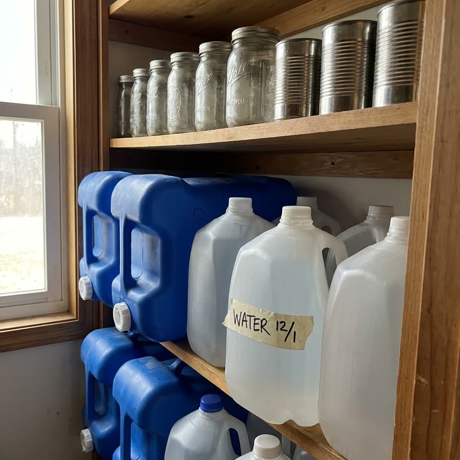Pantry shelves with stored water containers